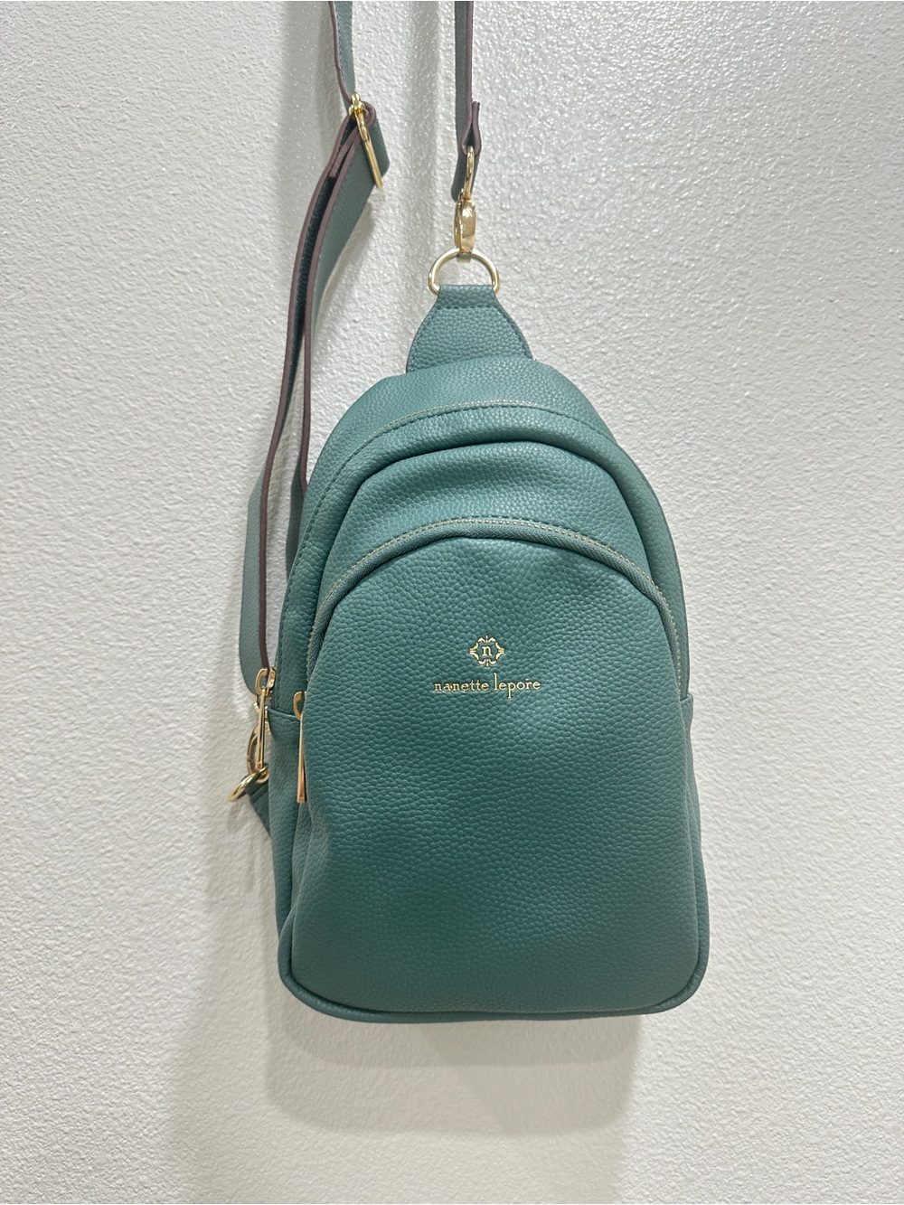 Nanette Lepore Teal Pebbled Leather Sling Crossbody with Gold Hardware